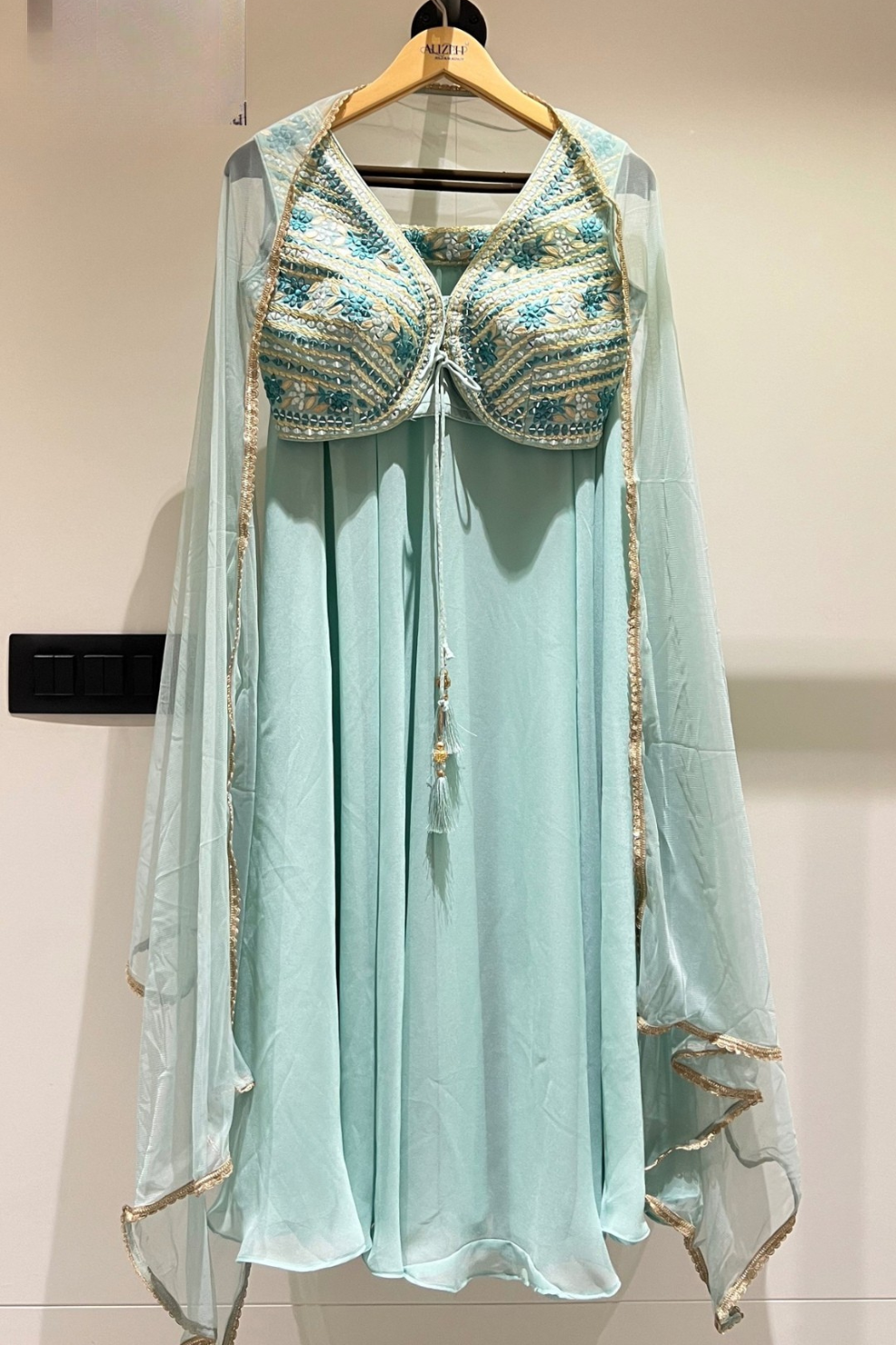 Georgette Minimal Hand Embellished Choli and Sky Blue Lehenga Set