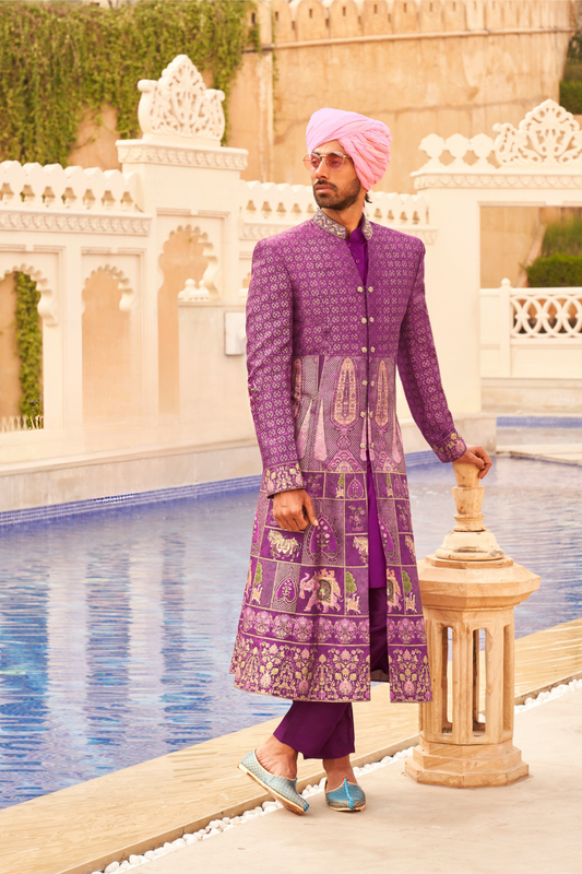 Regal Plum Printed Bridal Lehenga & Floral Print Kurta Set for Couple