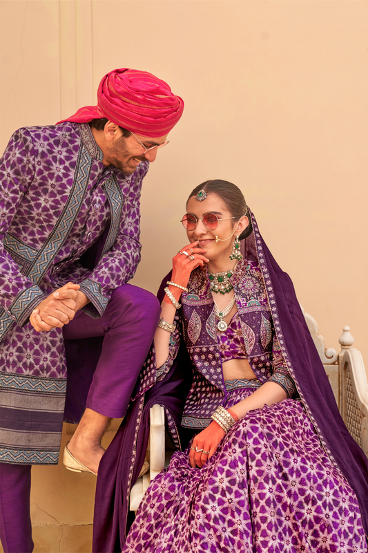 Regal Violet Bridal Lehenga & Floral Print Kurta Set for Couple