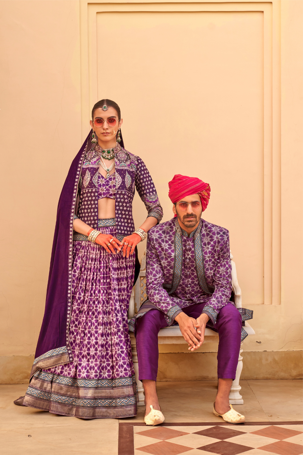 Regal Violet Bridal Lehenga & Floral Print Kurta Set for Couple