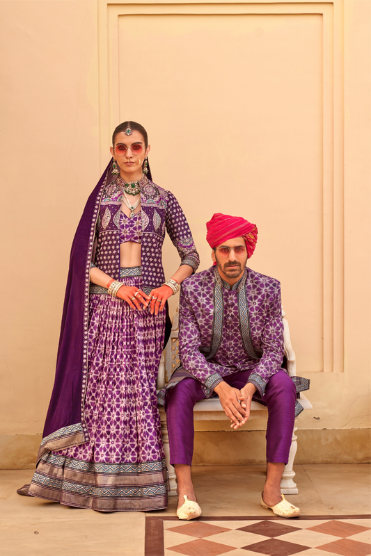 Regal Violet Bridal Lehenga & Floral Print Kurta Set for Couple