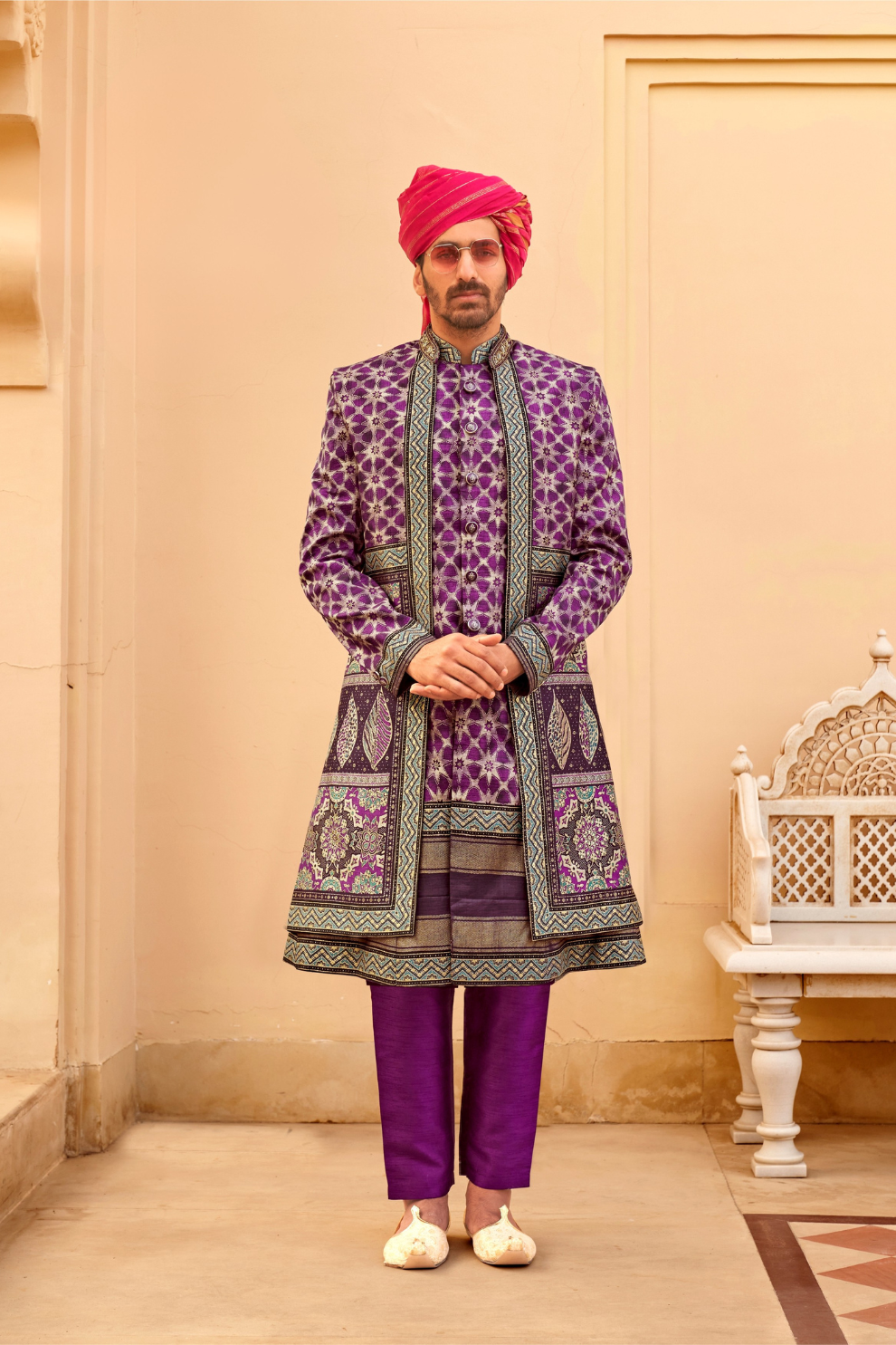 Regal Violet Bridal Lehenga & Floral Print Kurta Set for Couple