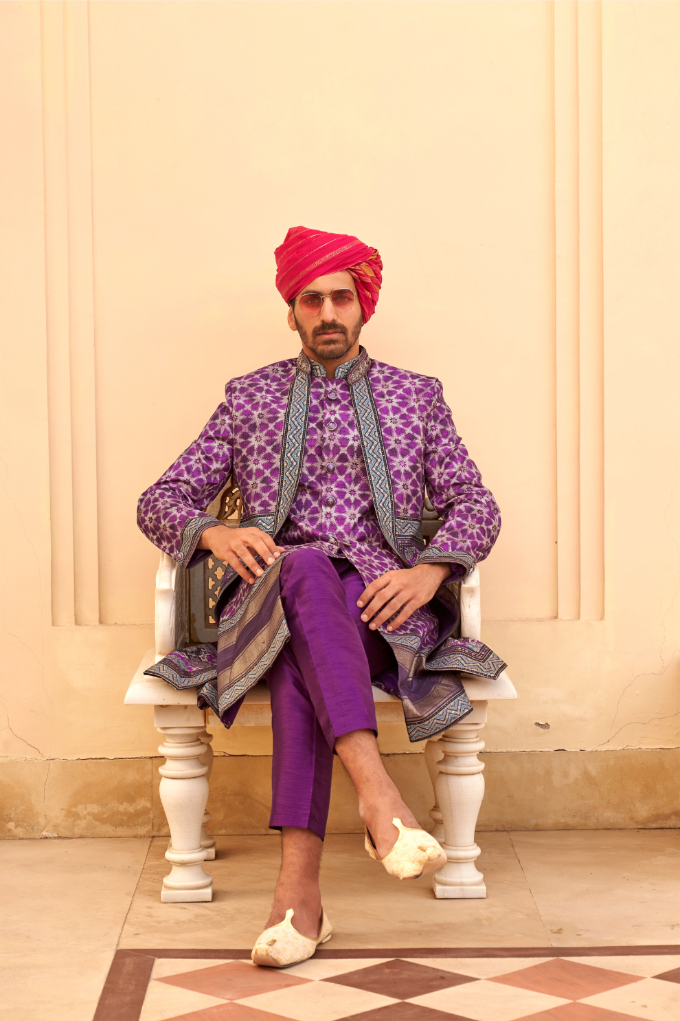 Regal Violet Bridal Lehenga & Floral Print Kurta Set for Couple