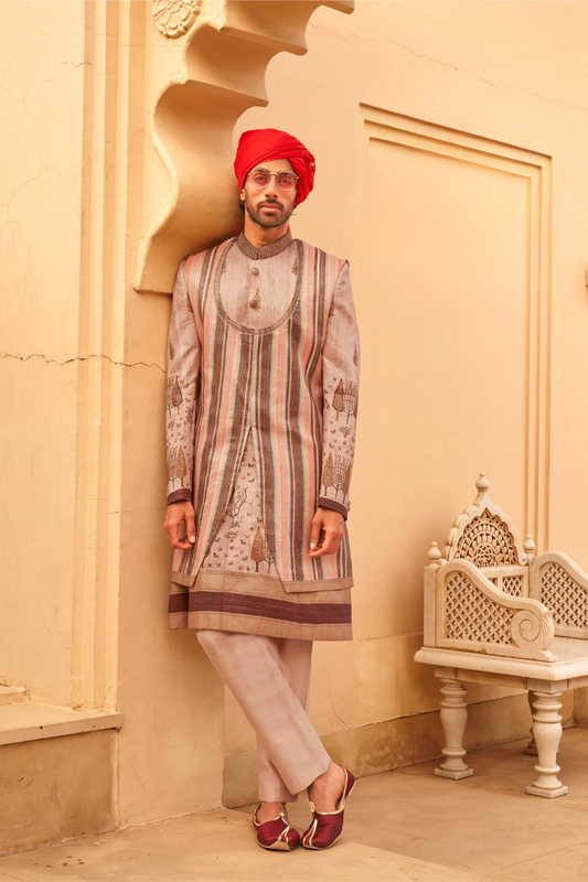 Regal Beige Bridal Lehenga & Floral Print Kurta Set for Couple