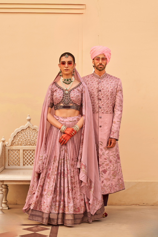 Designer Couple Outfit in Peach Floral Kurta Skirt and Men Indowestern Kurta