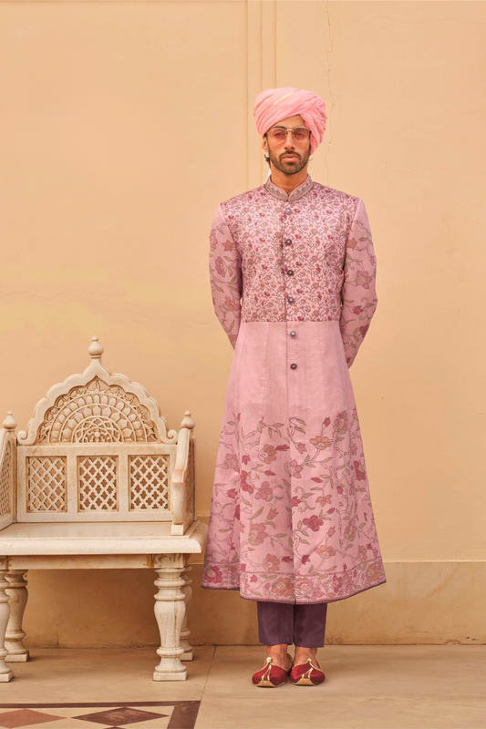 Designer Couple Outfit in Peach Floral Kurta Skirt and Men Indowestern Kurta