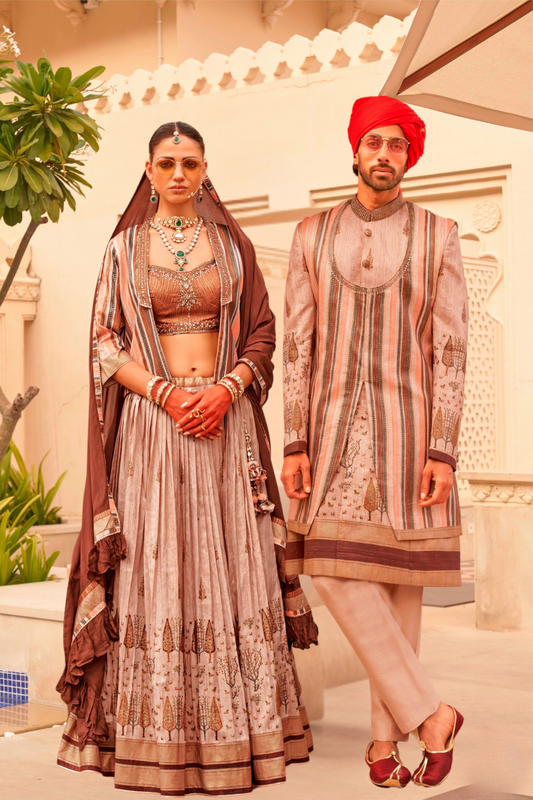 Regal Beige Bridal Lehenga & Floral Print Kurta Set for Couple