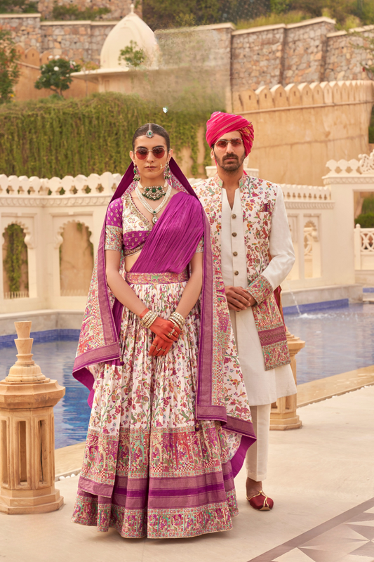 Regal White Bridal Lehenga & Floral Print Kurta Set for Couple