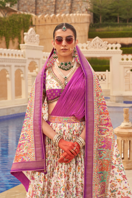 Regal White Bridal Lehenga & Floral Print Kurta Set for Couple