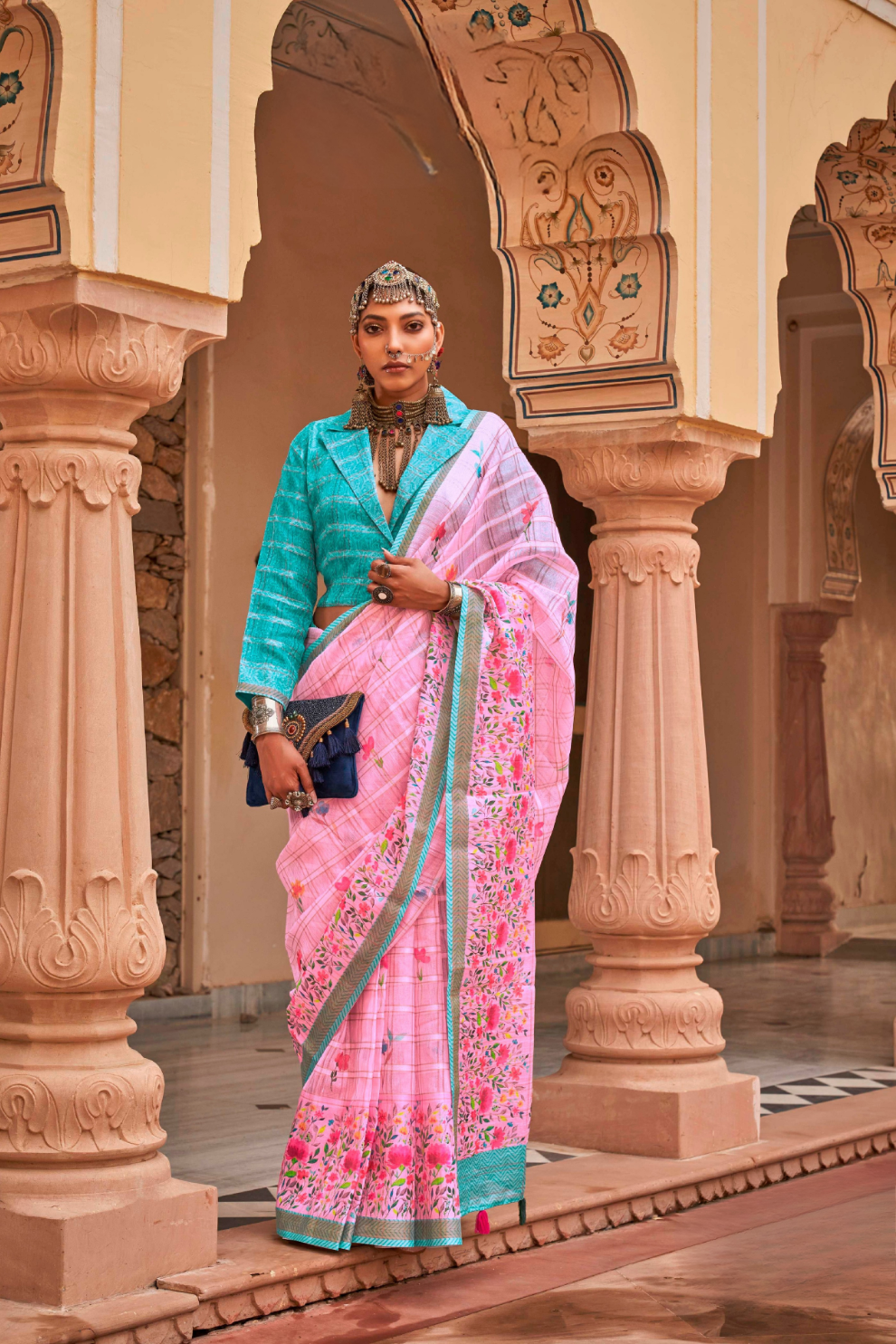Graceful Linen Kora Saree with Woven Checks & Floral Elegance - LaVante Fashion
