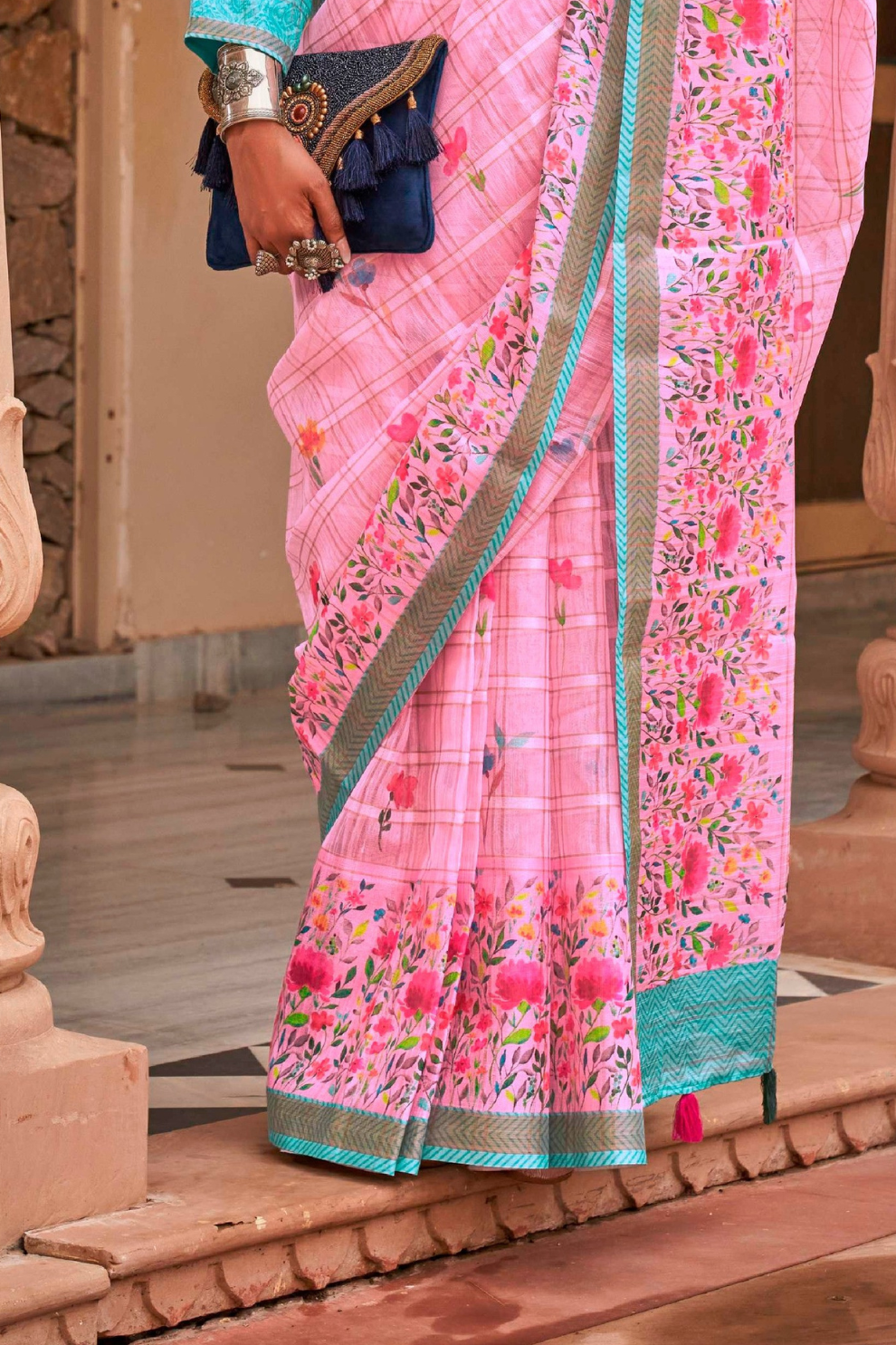 Graceful Linen Kora Saree with Woven Checks & Floral Elegance - LaVante Fashion