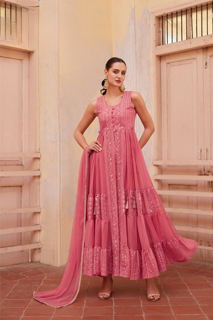 Embroidered Pink Indo-Western Georgette Outfit