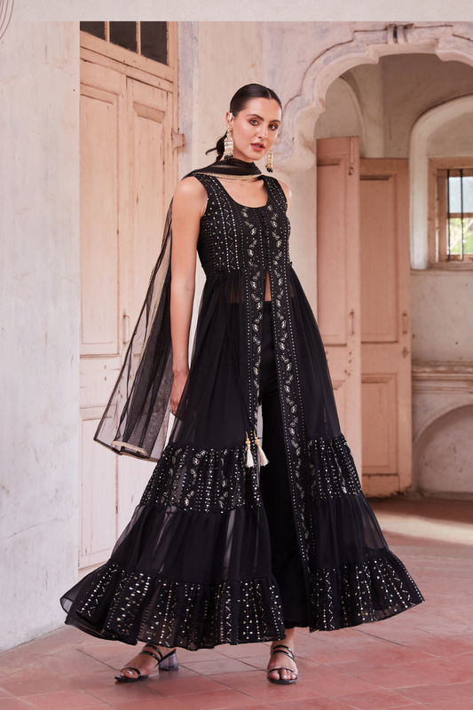 Black Anarkali Gown In Georgette With Zari Embroidery