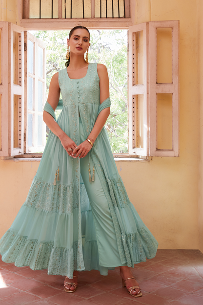 Lehenga Choli de seda de diseñador en color azul turquesa, lista para usar, con brillo y detalles de espejo