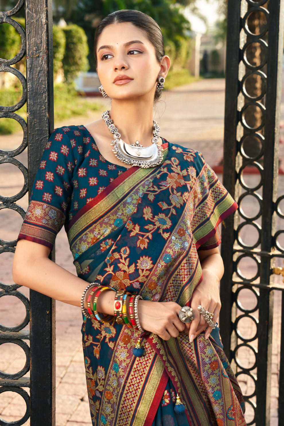 Luxury Polyester Viscose Georgette Saree with Burnout Traditional Design