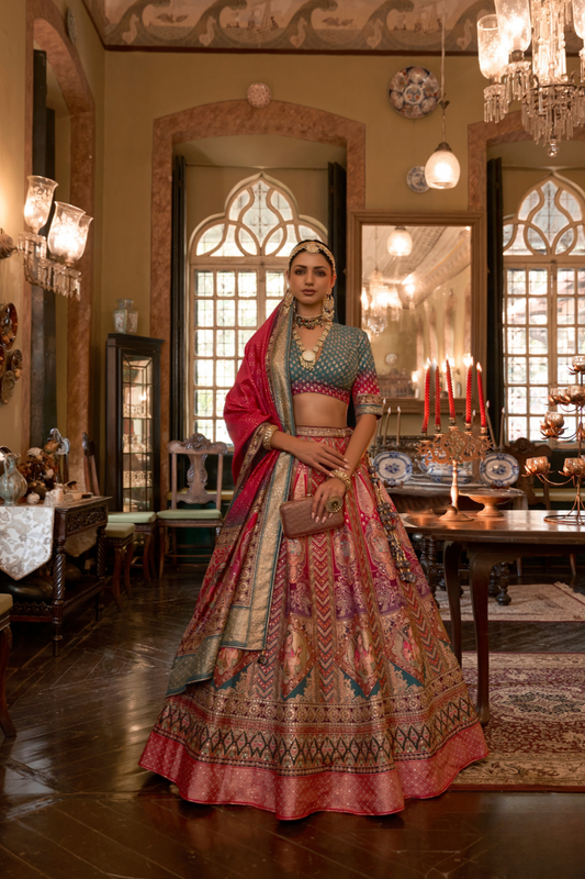 Lehenga Choli de seda de diseñador en color azul turquesa, lista para usar, con brillo y detalles de espejo