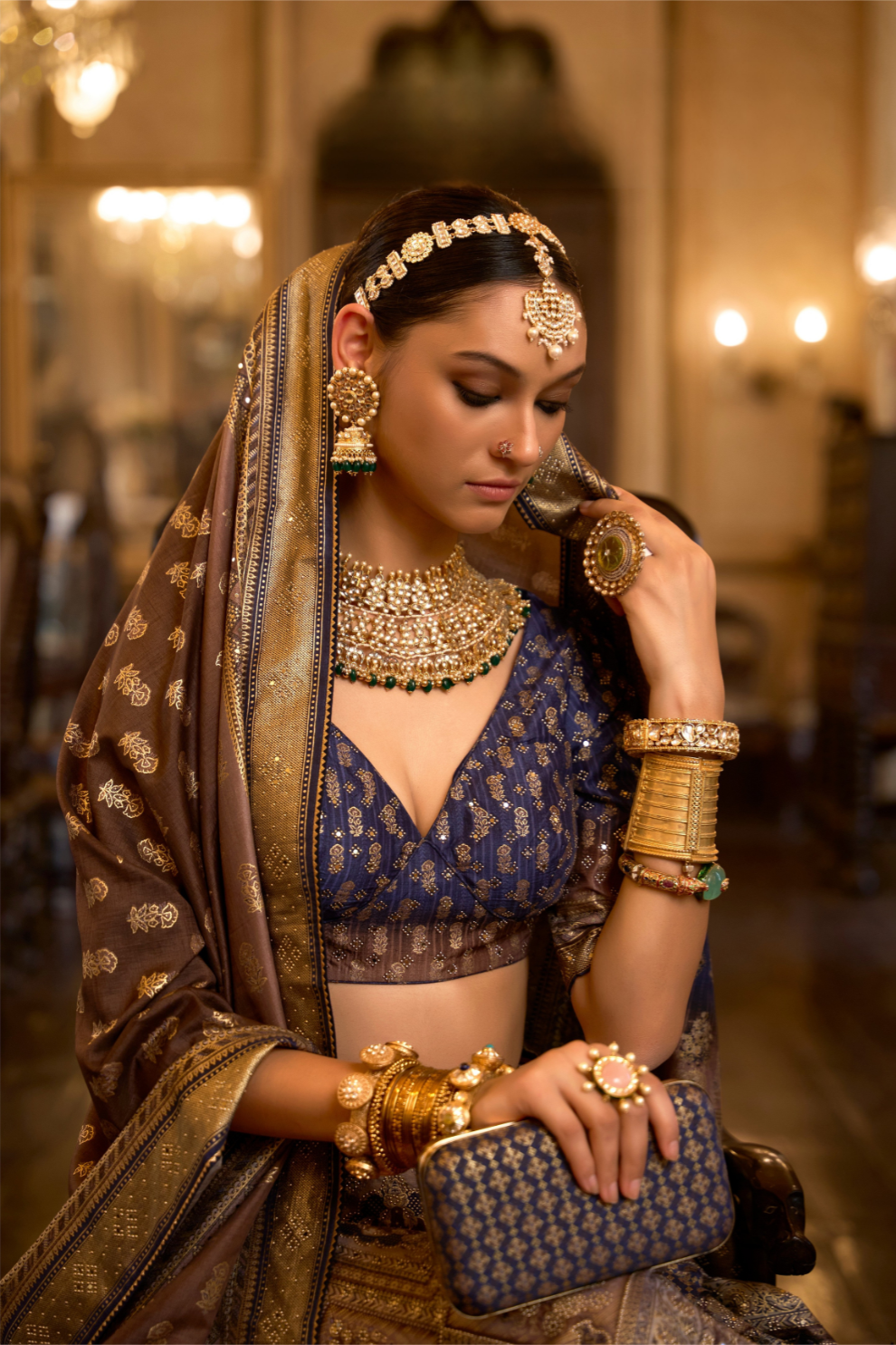 Golden Beige Stone Embellished Silk Lehenga Choli - LaVante Fashion