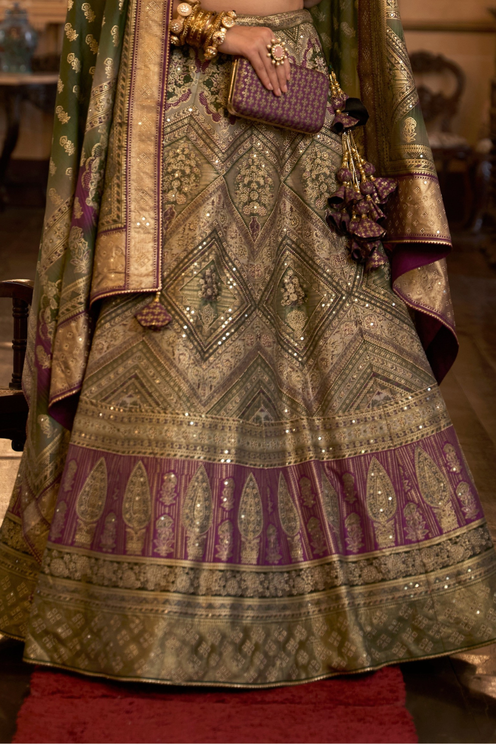 Green Glamour Stone Embroidered Silk Lehenga - LaVante Fashion