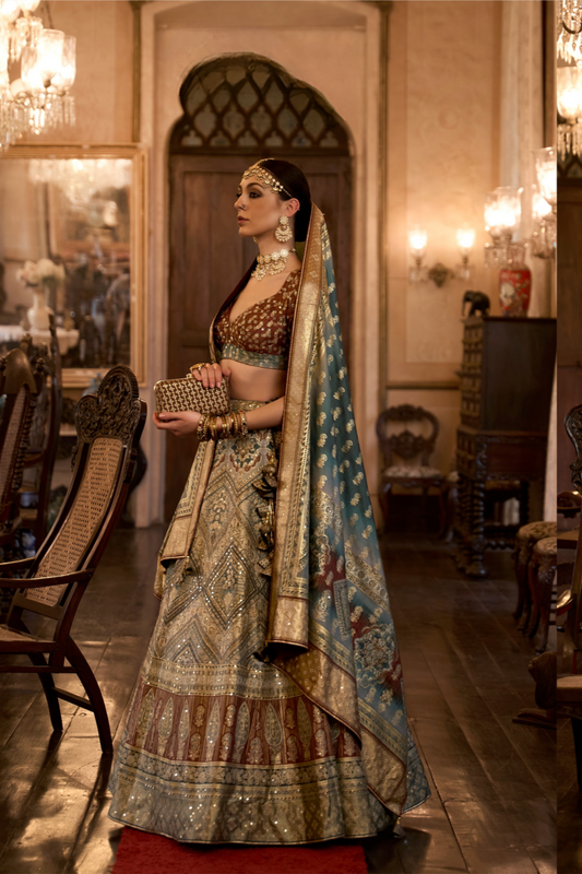 Grey Rewaa Taj Mahal Royal Silk Lehenga - LaVante Fashion