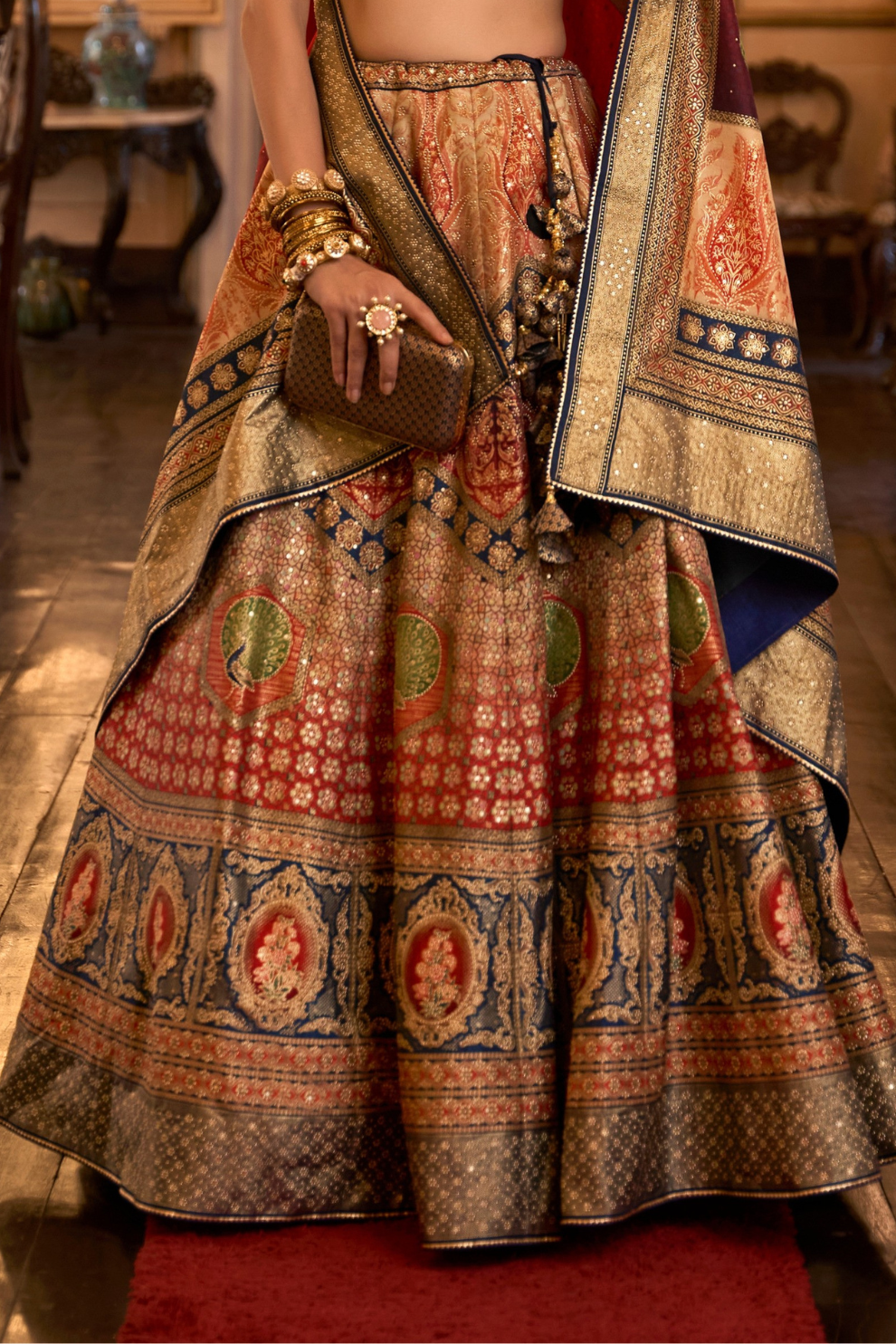 Vibrant Orange & Navy Silk Lehenga Choli - LaVante Fashion