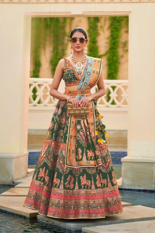 Lehenga Choli de seda de diseñador en color azul turquesa, lista para usar, con brillo y detalles de espejo