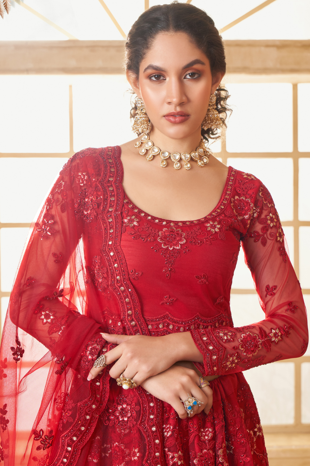 Bridal Red Net Lehenga Choli With Rich Embroidery & Dupatta