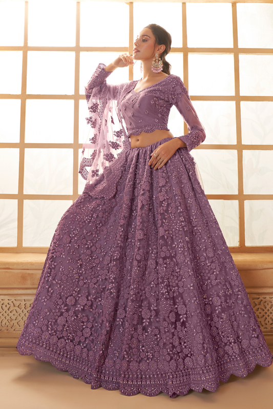 Designer Purple Embroidered Net Lehenga Choli Set With Dupatta