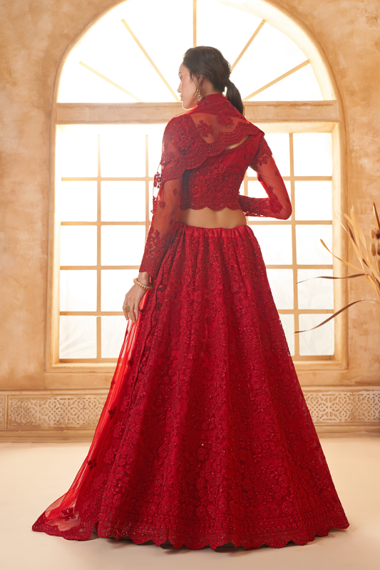 Gorgeous Red Net Lehenga Choli With Intricate Embroidery
