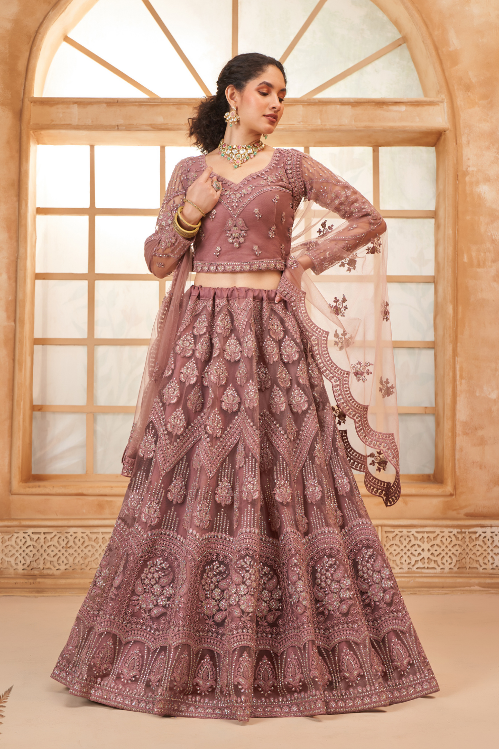 Soft Net Onion Pink Lehenga With Sparkling Diamond Work
