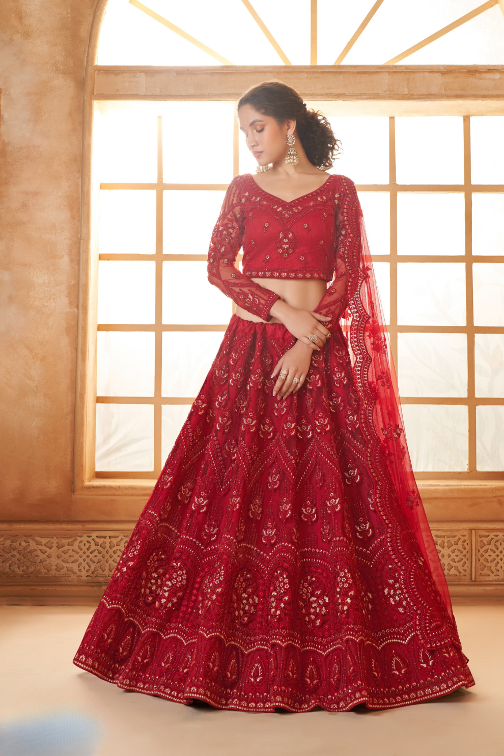 Classic Red Partywear Net Lehenga With Diamond Detailing