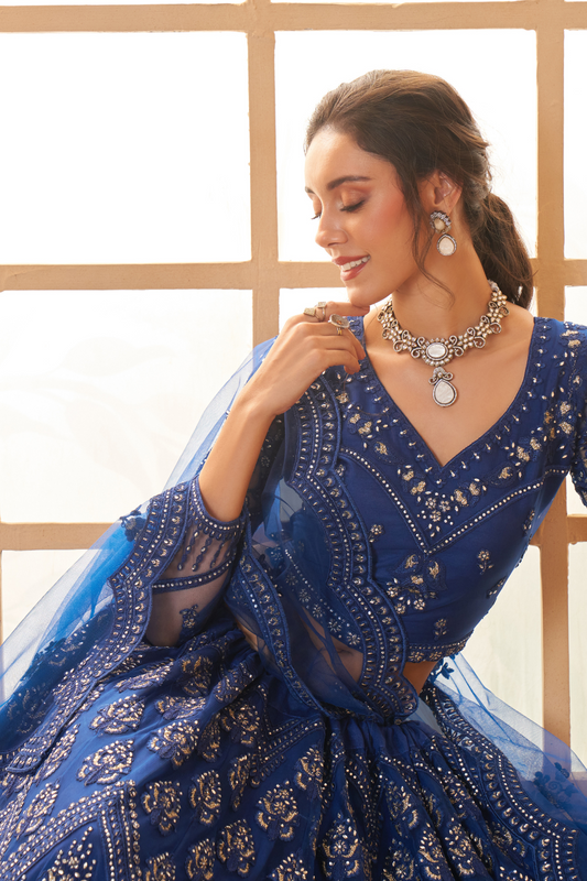 Graceful Royal Blue Party Lehenga Choli With All-Over Thread