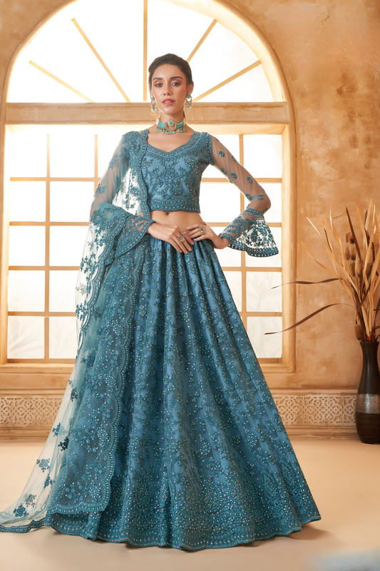 Graceful Light Blue Embroidered Net Lehenga With Sparkling
