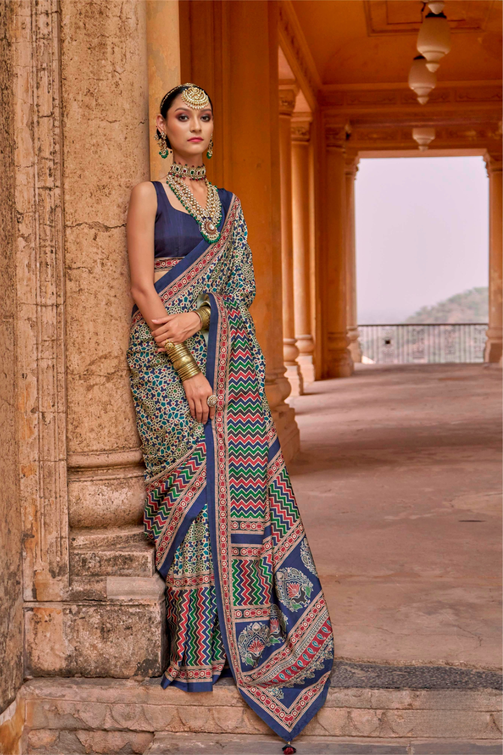 Polyester Viscose Silk Saree with Exclusive Ajrakh Print