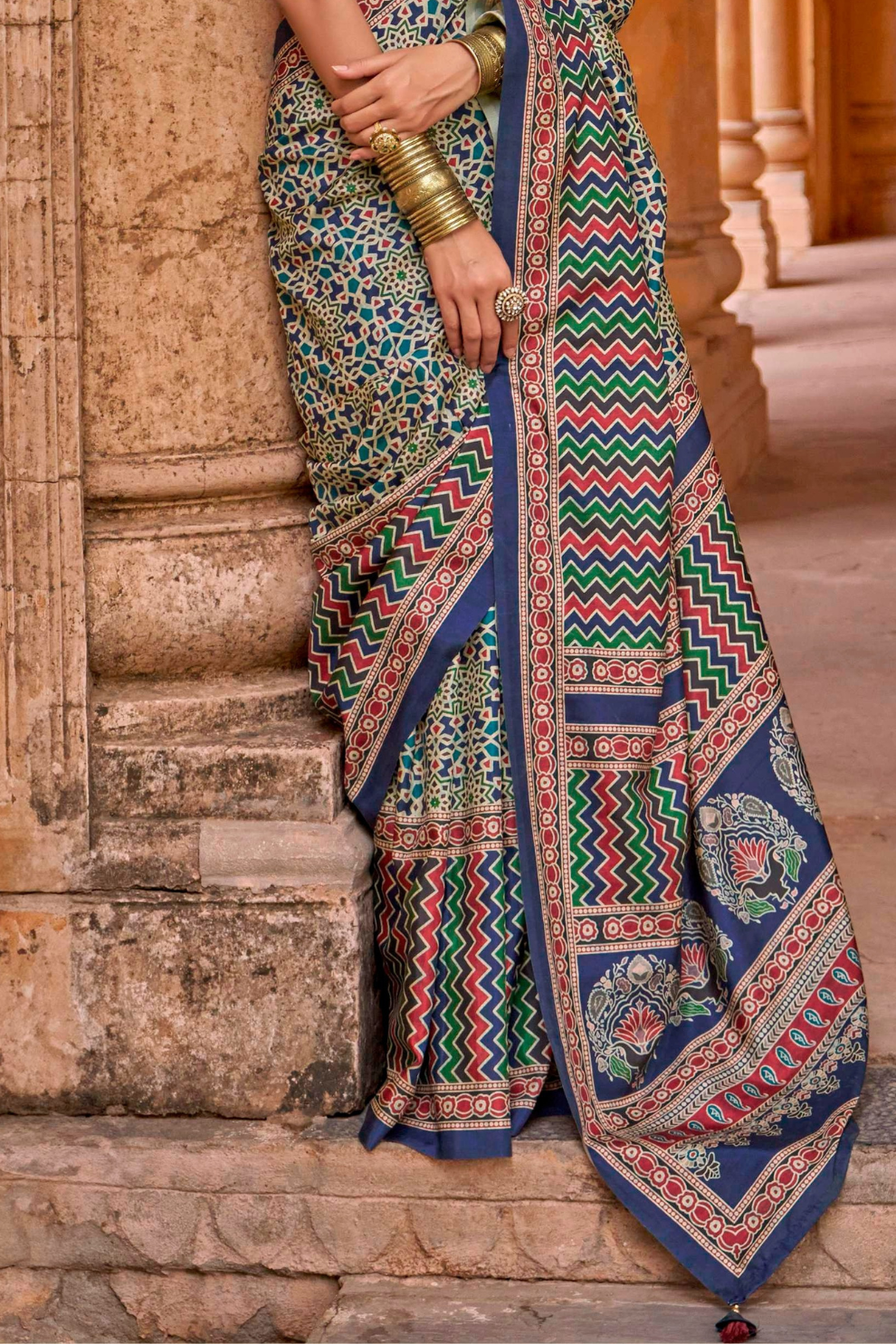 Polyester Viscose Silk Saree with Exclusive Ajrakh Print