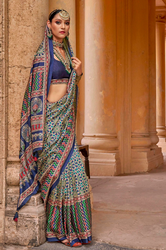 Polyester Viscose Silk Saree with Exclusive Ajrakh Print