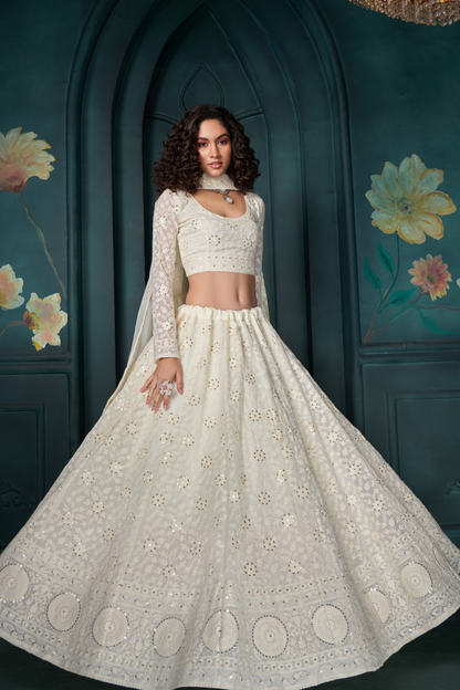 Designer White Georgette Lehenga With Intricate Thread