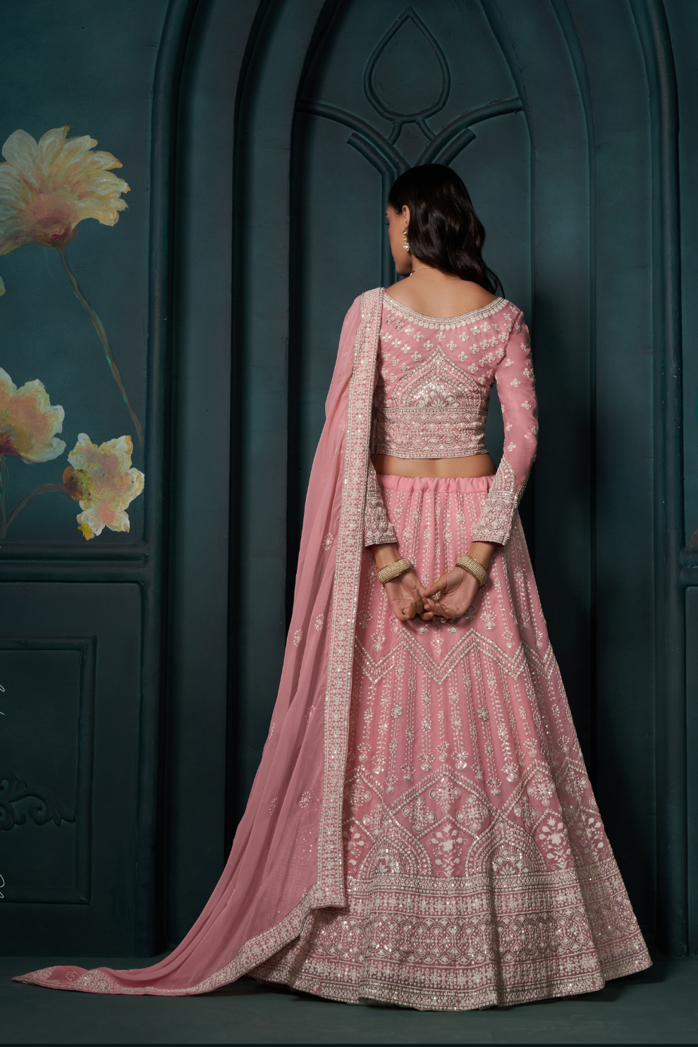 Graceful Blush Pink Embroidered Lehenga In Georgette