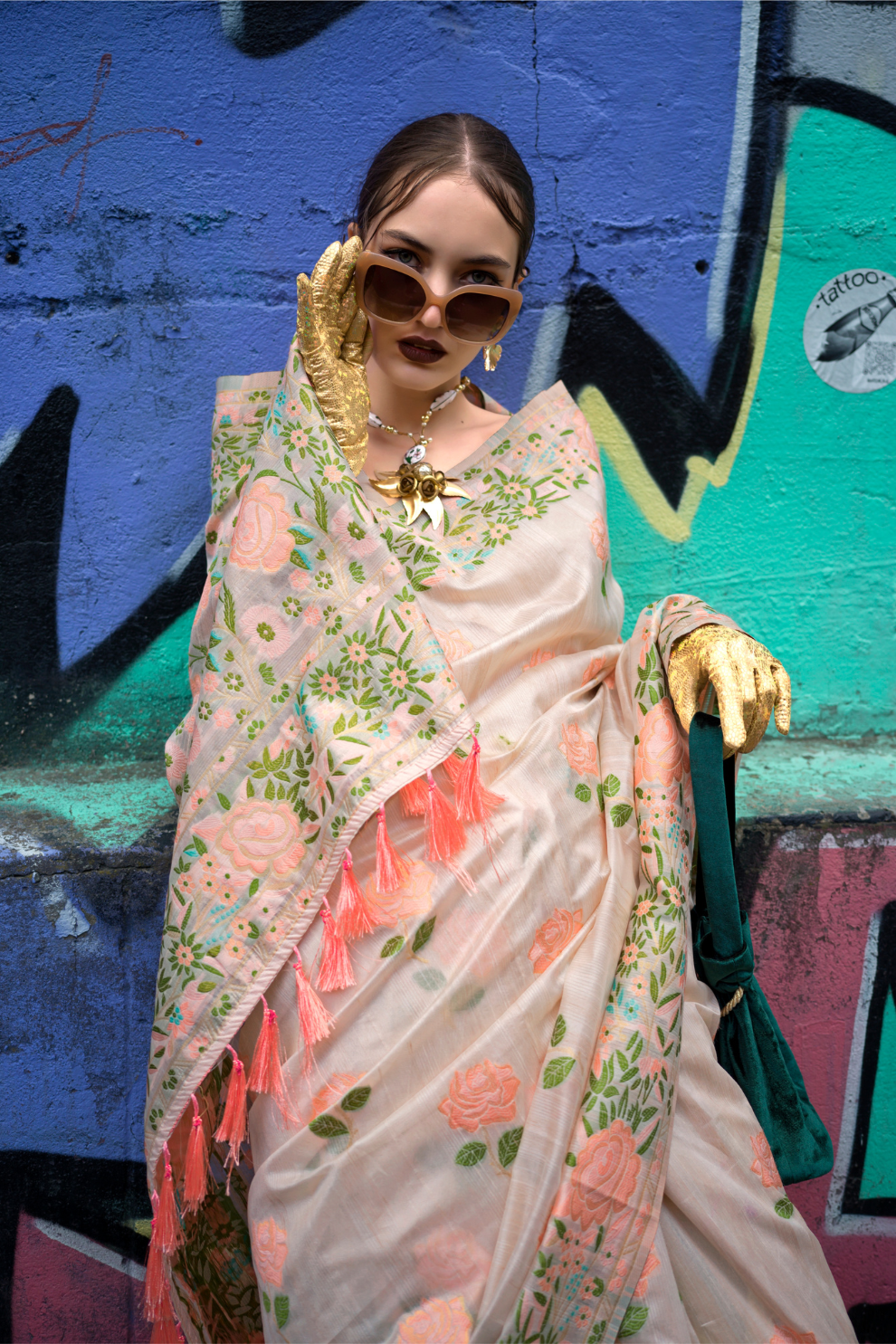 Parsi Weaving Handwoven Textured Silk Saree with Heritage Detailing