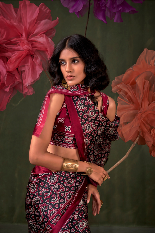 Printed Ajrakh Satin Crepe Saree with Ethnic Artistic Patterns