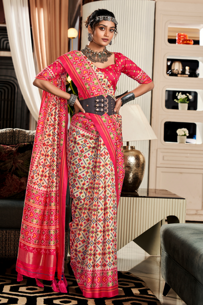 Pure Tussar Silk Saree with Patola Print & Lagdi Patta Pallu