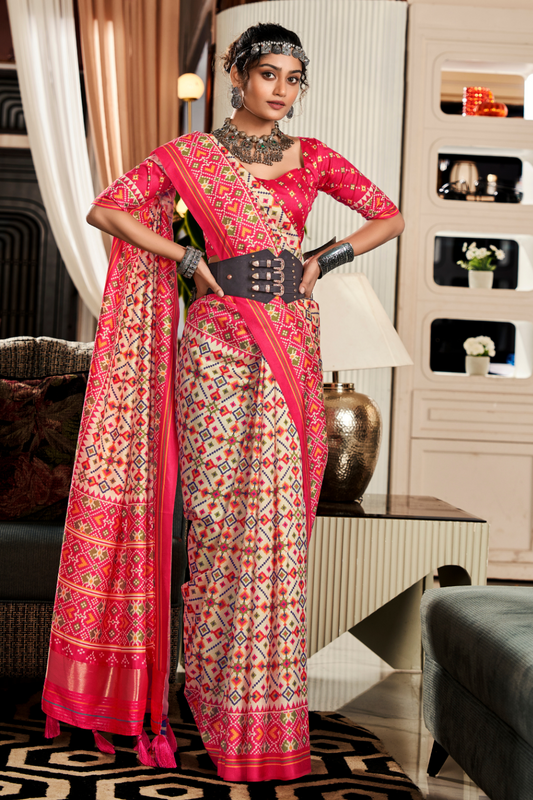 Pure Tussar Silk Saree with Patola Print & Lagdi Patta Pallu
