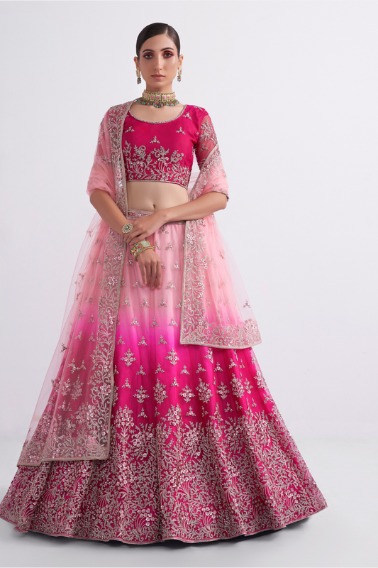 Graceful Pink Wedding Lehenga Choli In Net Fabric With Embroidery Work