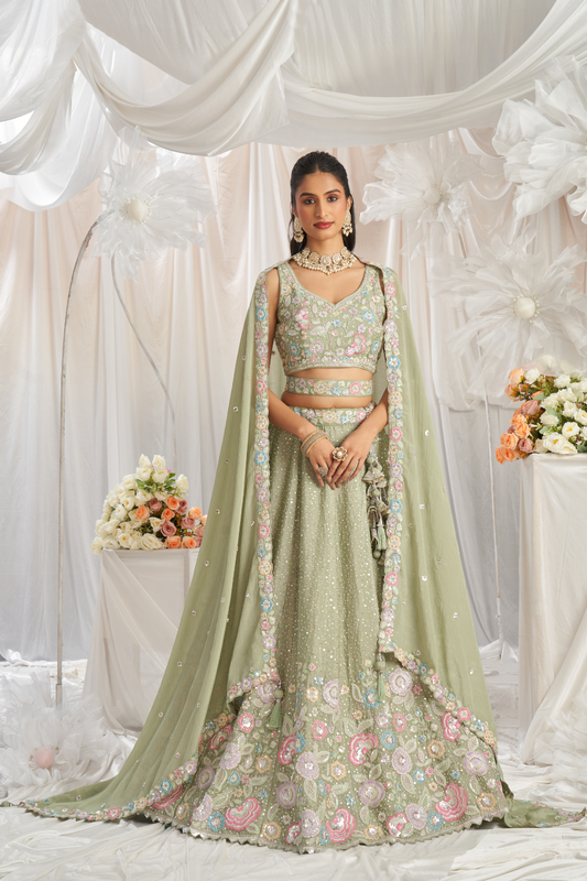 Pure Chiffon Sequins And Thread Embroidery Lehenga Choli Dupatta