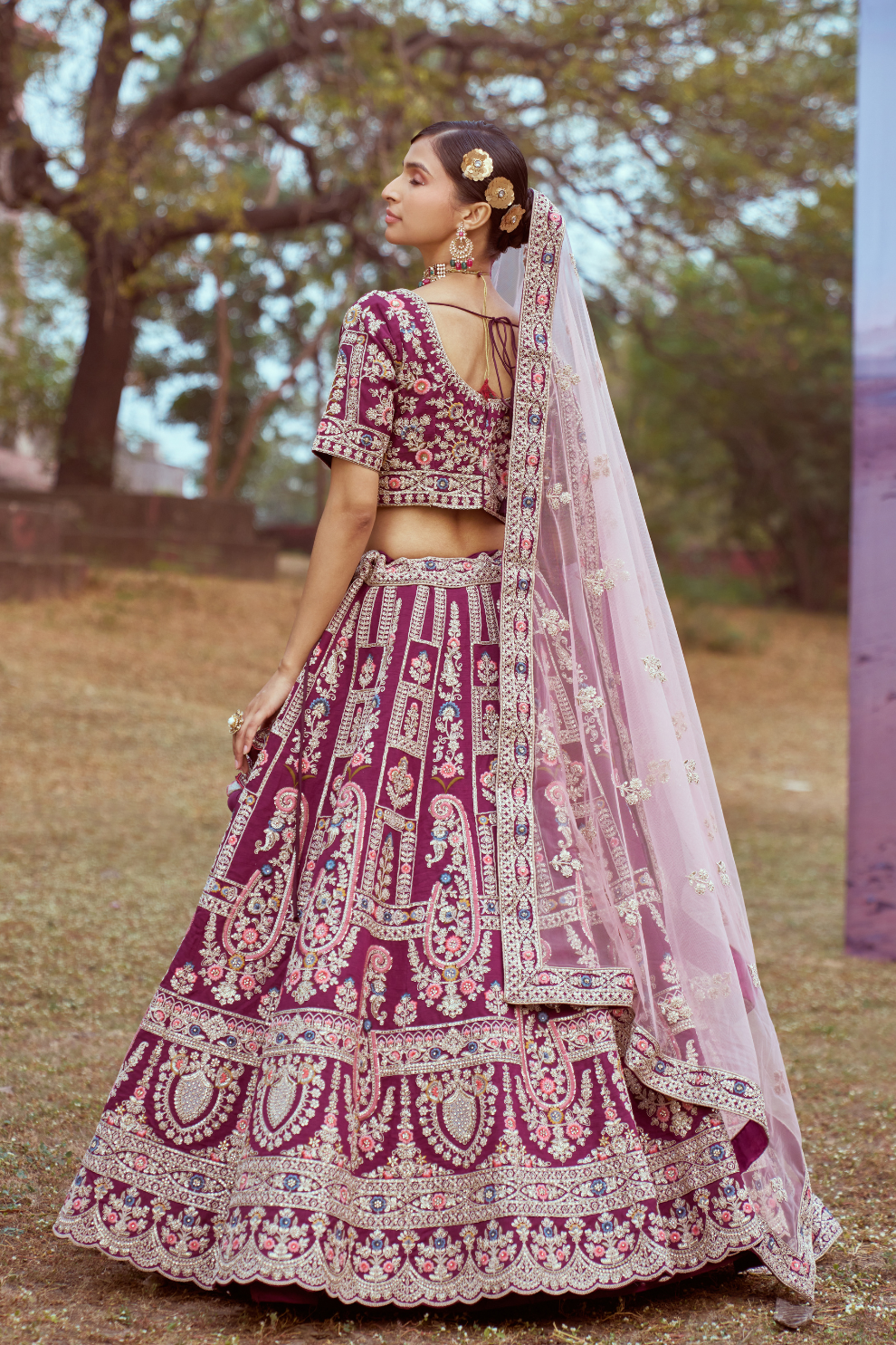 Pure Silk Moti And Cording Embroidery Bridal Lehenga Choli Dupatta