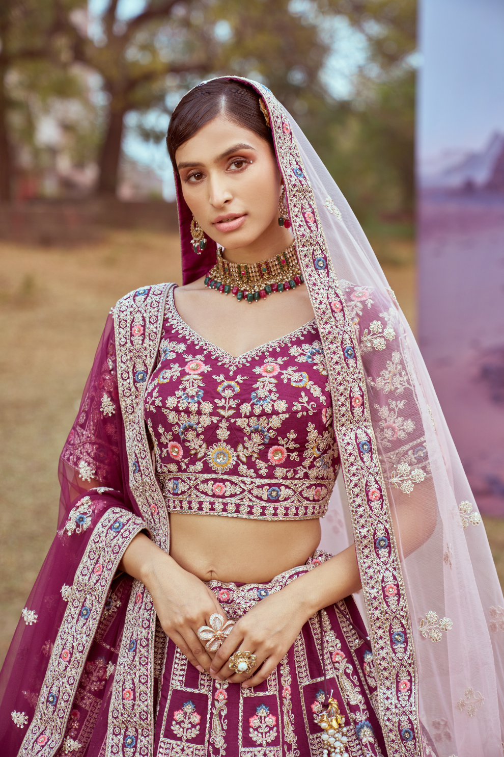 Pure Silk Moti And Cording Embroidery Bridal Lehenga Choli Dupatta