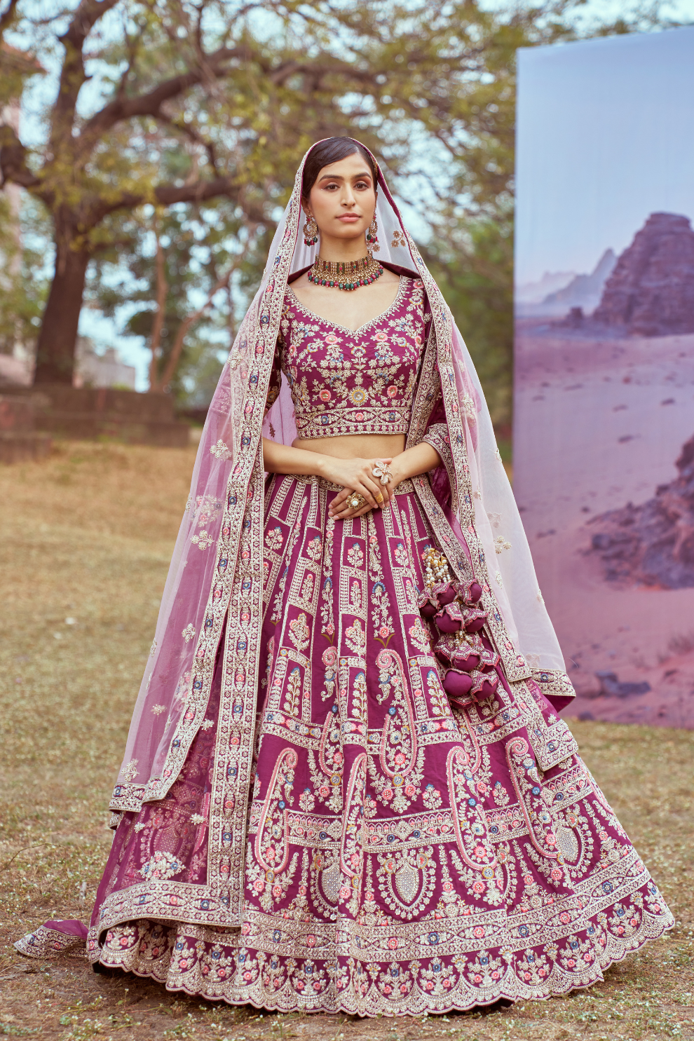 Pure Silk Moti And Cording Embroidery Bridal Lehenga Choli Dupatta