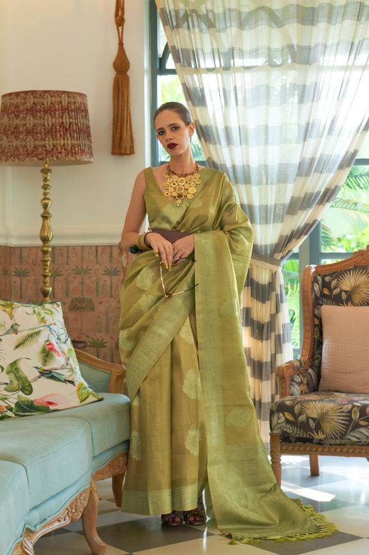 Woven Satin Tissue Silk Saree with Lustrous Texture and Graceful Drape