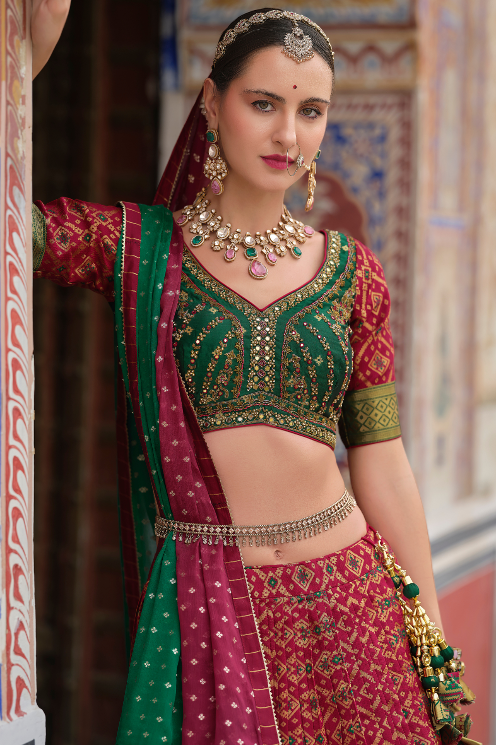 Crimson and Green Silk Lehenga Choli with Cutdana Work - LaVante Fashion