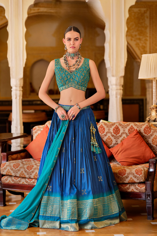 Blue Silk Foil Print Readymade Lehenga Choli for Ceremonial Wear