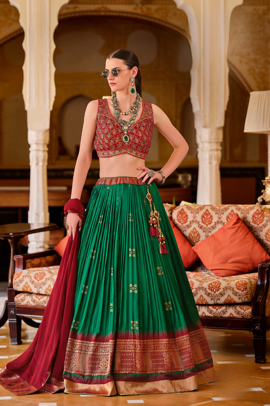 Green Silk Foil Print Readymade Lehenga Choli for Ceremonial Wear